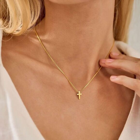 Gold Cross Necklace 14K Gold Plated Baptism Gift Cross Necklace Dainty Pendant - Picture 3 of 7